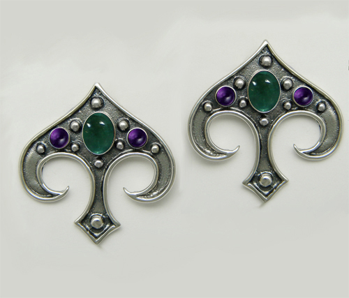 Sterling Silver Gothic Inspired Drop Dangle Earrings With Fluorite And Amethyst